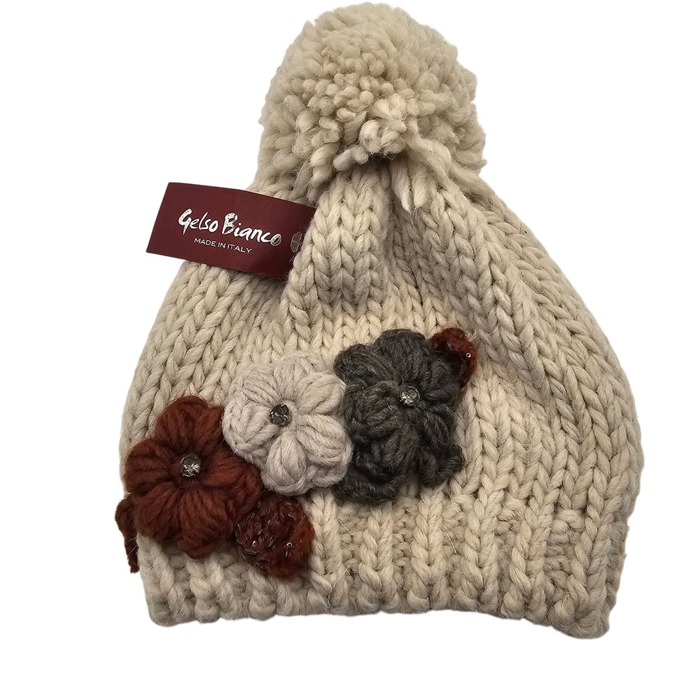 Gelso Bianco Alpaca Wool Blend Beanie OS Cream Cottagecore Floral Pom Pom Italy
